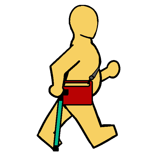 A yellow fat person with a teal cane and a red AAC device on a shoulder strap walking.